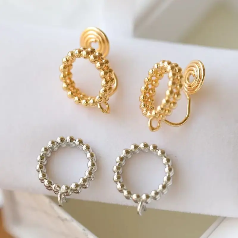 

2PCS 12.9x15.3mm 14K Gold Color Simple and Versatile Double-layer Bead Rings Stud Earrings Earclips DIY Handmade Accessories