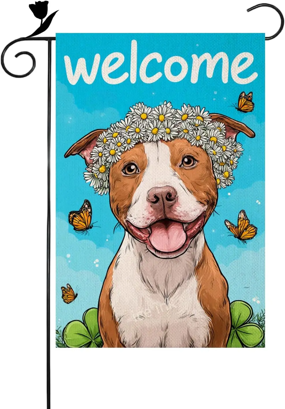 Ice ink Spring Pitbull Dog with Flower Crown Garden Flag Daisy Butterfly Welcome 12x18 Inch Double Sided Colorful Yard House ZZM