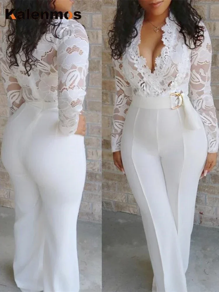 Macacão feminino de manga comprida com decote em v, macacão branco com renda de festa, bodysuit elegante, calça comprida Y2K, trabalho de primavera,