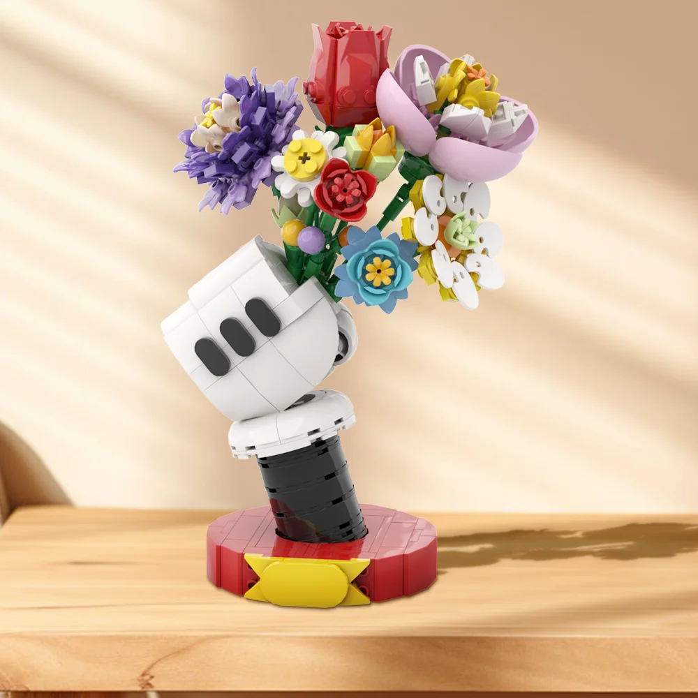 MOC Cartoon Figure Vase Model Building Blocks Bouquet Ornament Puzzle Bricks Assemble Toys Creative Birthday Kids Gift Child