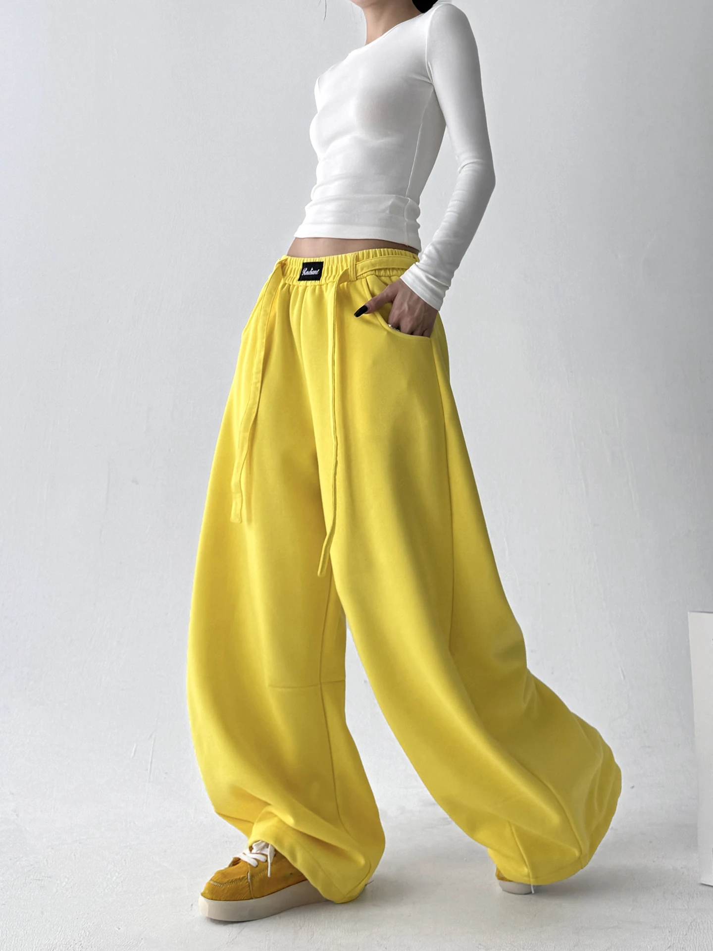 Pantalon à jambes droites et larges pour femmes, jaune, décontracté, amincissant, taille haute, mélange de coton et de Polyester