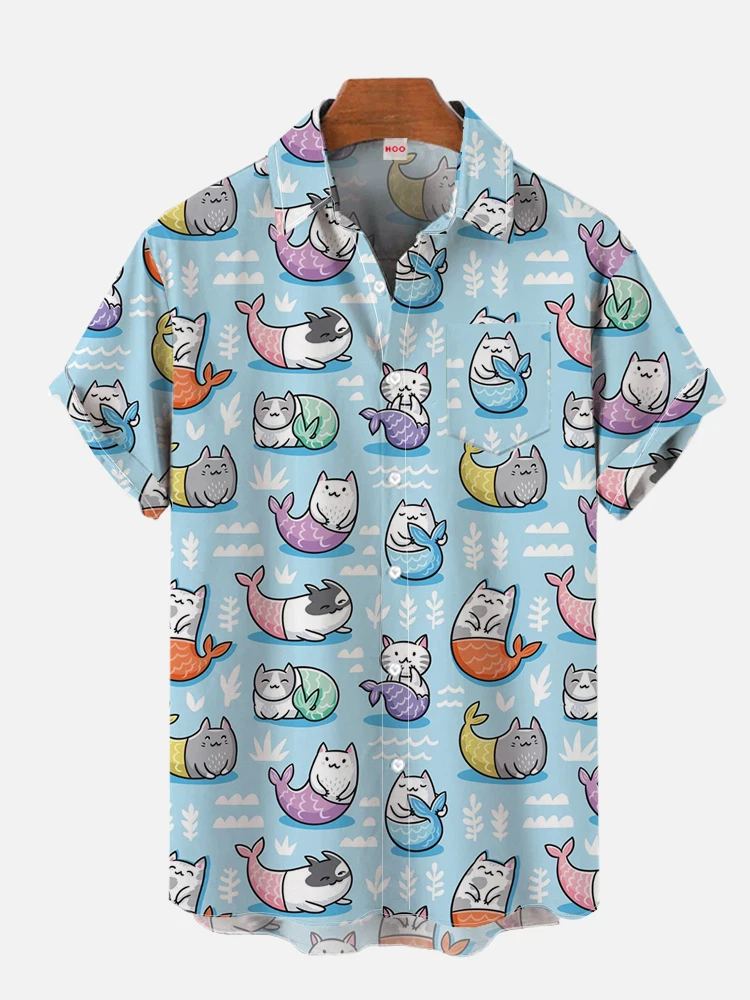 Men's Cartoon Mermaid Cat Marine Animal Print Short Sleeve Lapel Shirt Summer Beach Casual Top