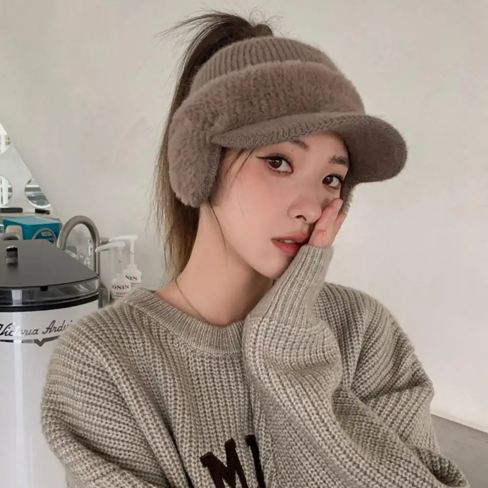 Cold Weather Hat Stylish Women\'s Winter Knit Baseball Hat with Earflap Ponytail Design for Outdoor Sports Windproof Warmth