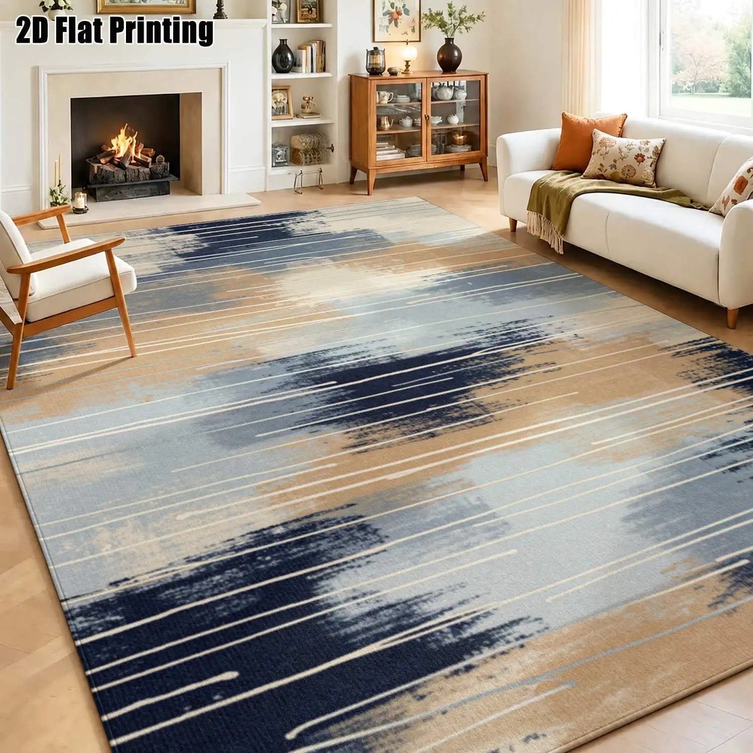 1Pc 2D Printed Abstract Art Nordic Carpet, Blue Yellow White Pattern, Machine Washable, Multi-Size, for Home Decor, Entryway, Dining Room, Bedroom, Living Room