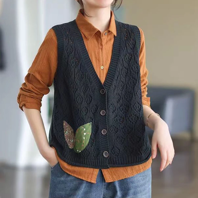 Women's Vintage Patch Hollow Knitted Sweater Vest V Neck Sleeveless All Match Waistcoat Y2K Solid Loose Single Breasted Cardigan