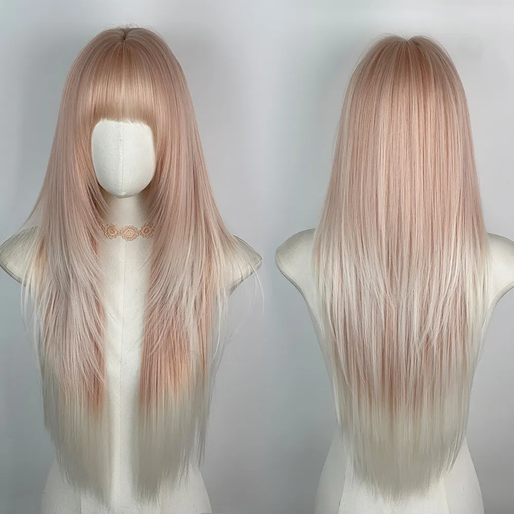 

Pink gradual change long straight hair full wig female high level two-dimensional sweet sister jk cute sister cos wig