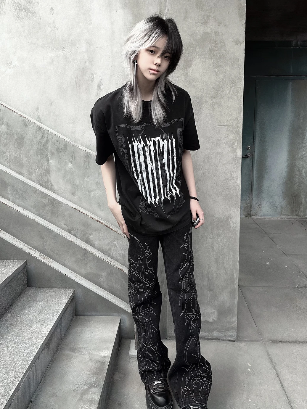Wet Body Original Gothic Subculture Embroidered Washed Jeans Visual Straight Loose Long Pants Women High Waist Punk Style