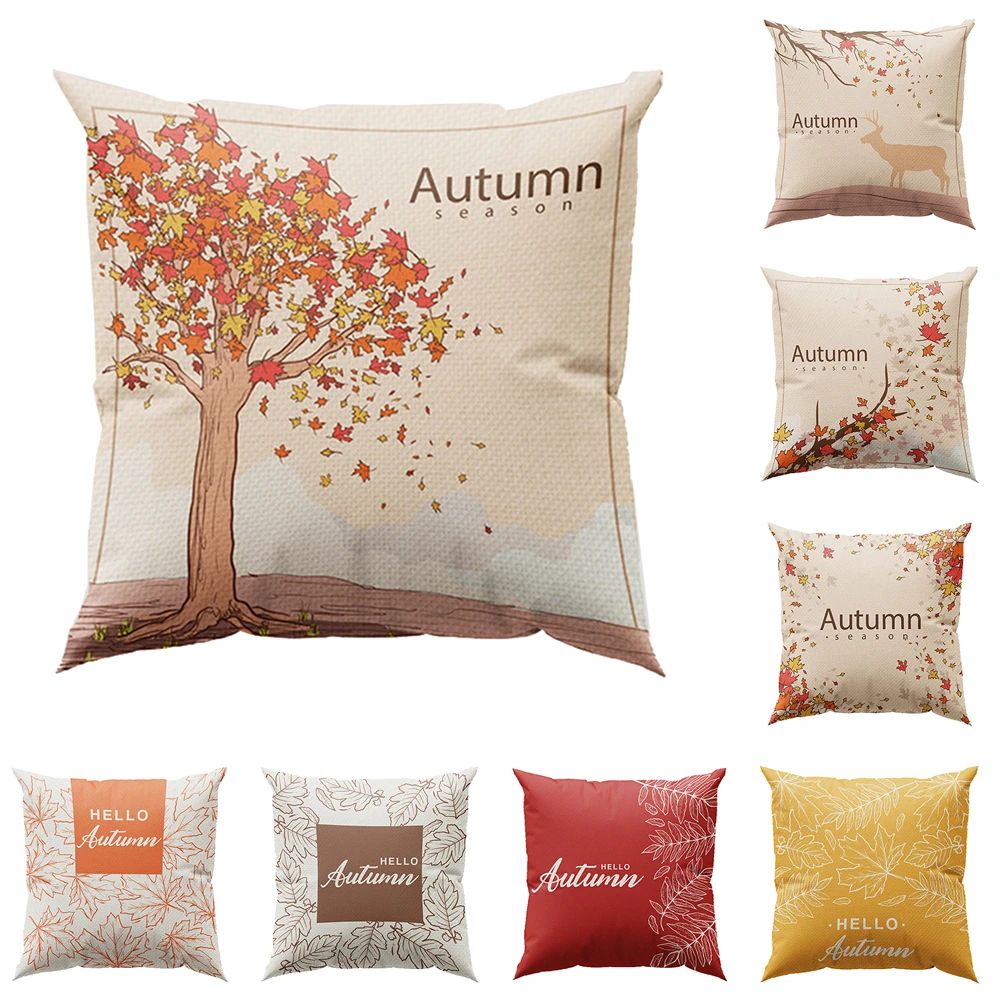 Red Leaf Fall Pillow Cover Elk Plant Thanksgiving Cushion Cover Living Room Bedroom Autumn Harvest Pillow Covers Home Decorative