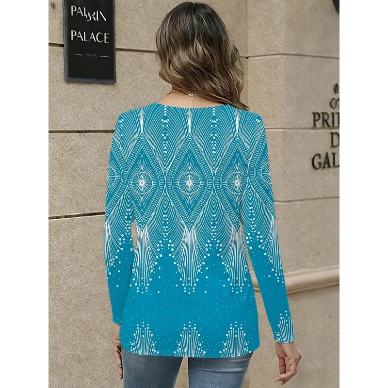 Women'S Casual Elegant V-Neck Printed Long Sleeve T-Shirt [Printed Design - Non-Real Texture]
