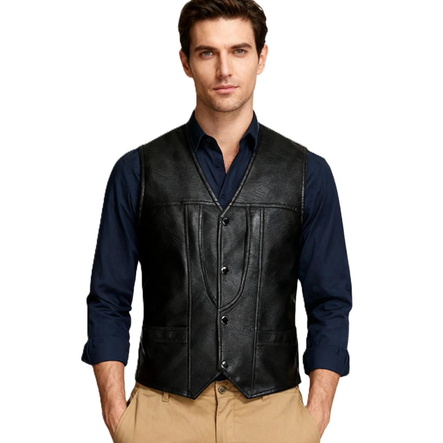 Spring And Autumn Men's Cardigan Fashion Urban V-Neck PU Leather Vest Men's Vest