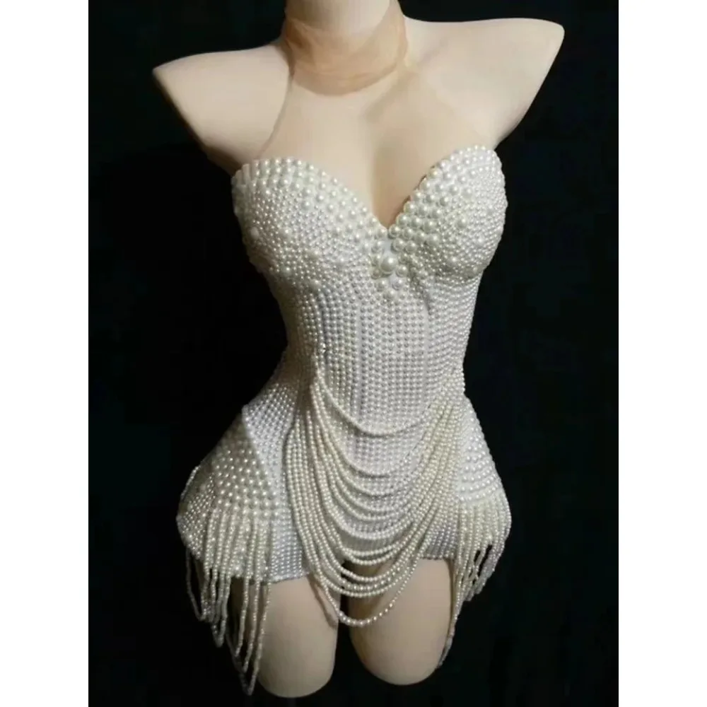 Nightclub Singer Dancer Performance Stage Wear Jazz White Beaded Pearls Tassel Women Party Bodysuits Sleeveless Mesh Jumpsuits