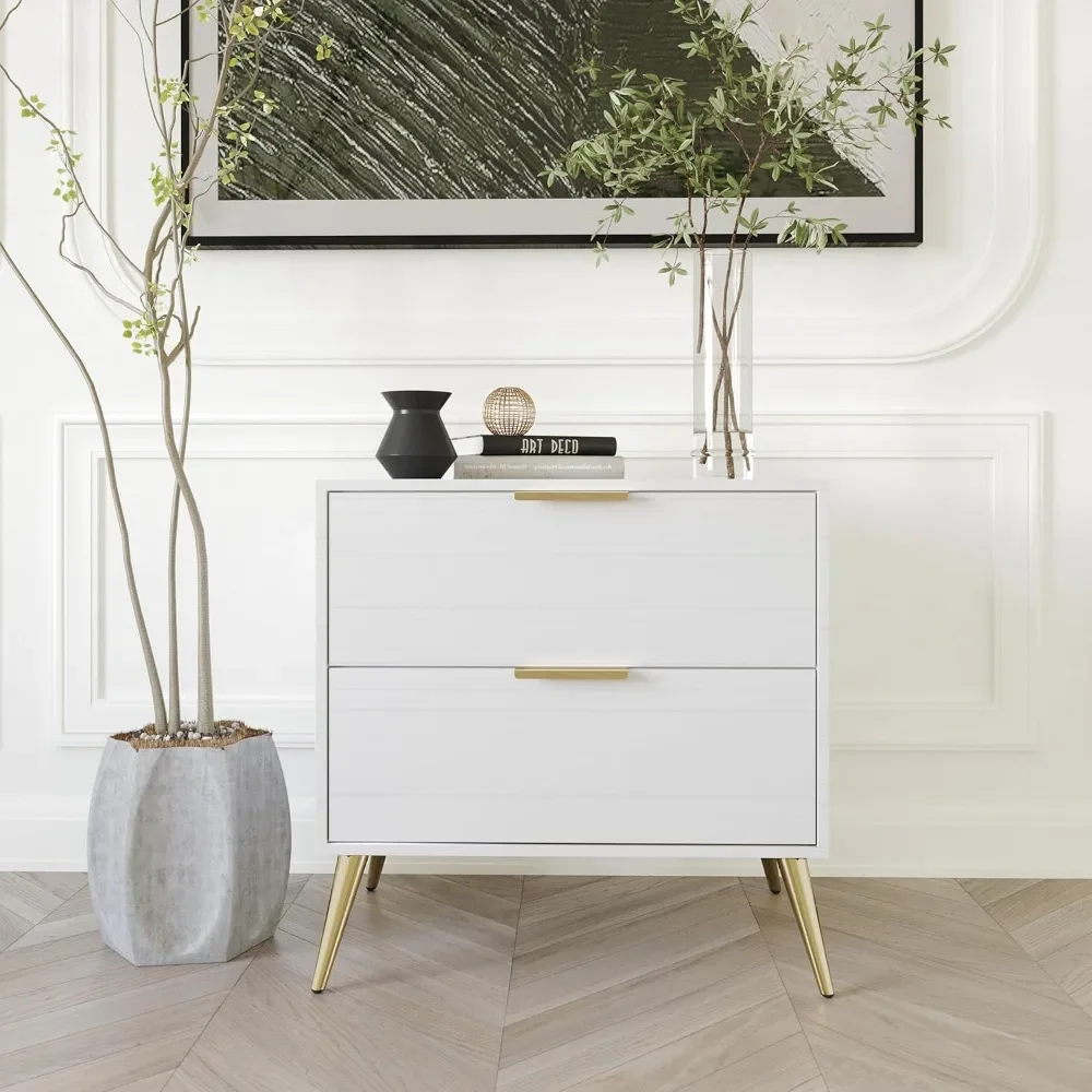 

End Table, Modern Glam 2-Drawer Wooden Nightstand with Gold Metal Legs, Easy Assembly End Tables for Bedroom Living Room