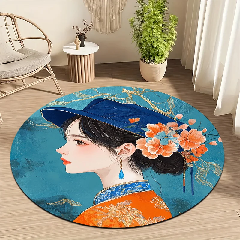 Retro court lady style Flannel-printed round floor mats are slip-resistant Suitable living room bedroom terrace garden carpets