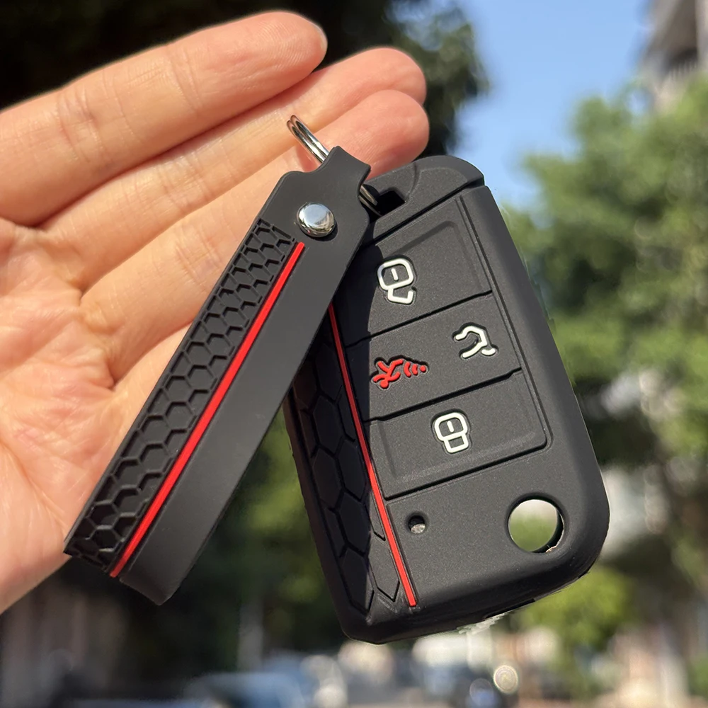 غطاء مفتاح فوب من السيليكون مناسب لسيارة Volkswagen VW Atlas Tiguan Golf Alltrack SportWagen R Polo E-Golf قابل للطي فليب 4 أزرار مفتاح فوب