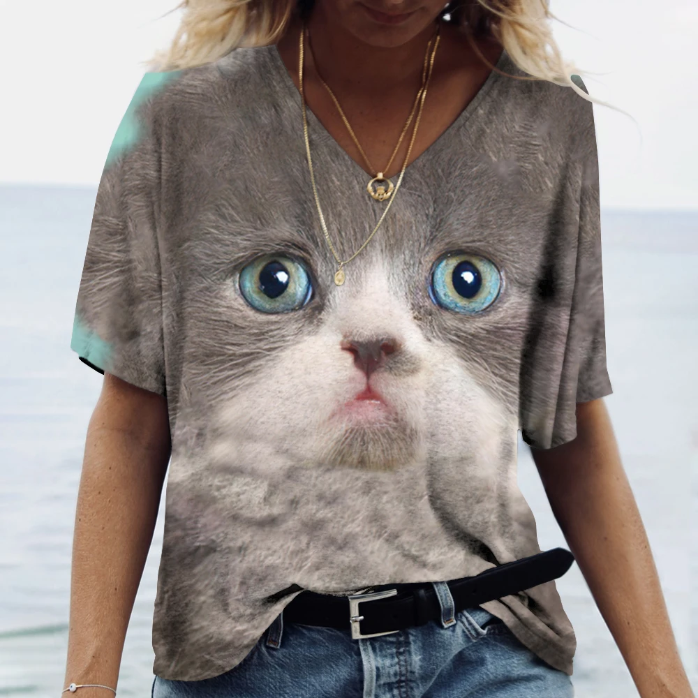 Fashion Animal Cat 3D Print T-shirts Women\'s T Shirt V-Neck Oversized Female Tees Tops Summer Streetwear Harajuku Y2k Clothes