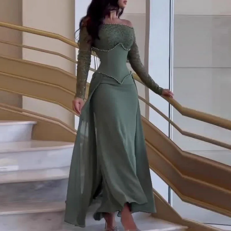 Elegantes schulterfreies Damen-Partykleid mit langen Ärmeln, Netzspleißen, einfarbig, Maxikleid, sexy hohles Strass-Abendkleid