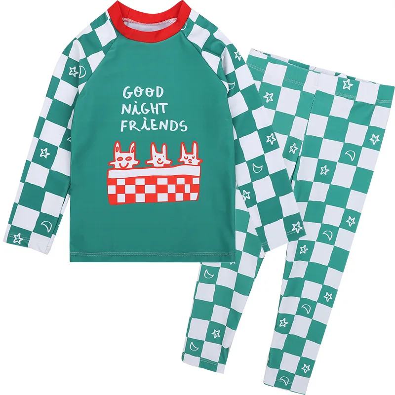 

Boys Girls Two-piece Swimsuit Kids Cute Cartoon Plaid Sun-protective Quick-Dry Long Sleeve Surfing Bathing Suit Baby Swimwear