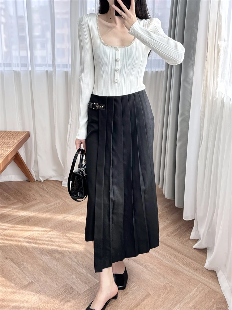 

Wool black long skirt irregular fashion pleated skirt elegant M home 2024 autumn new item white dresses for women classy