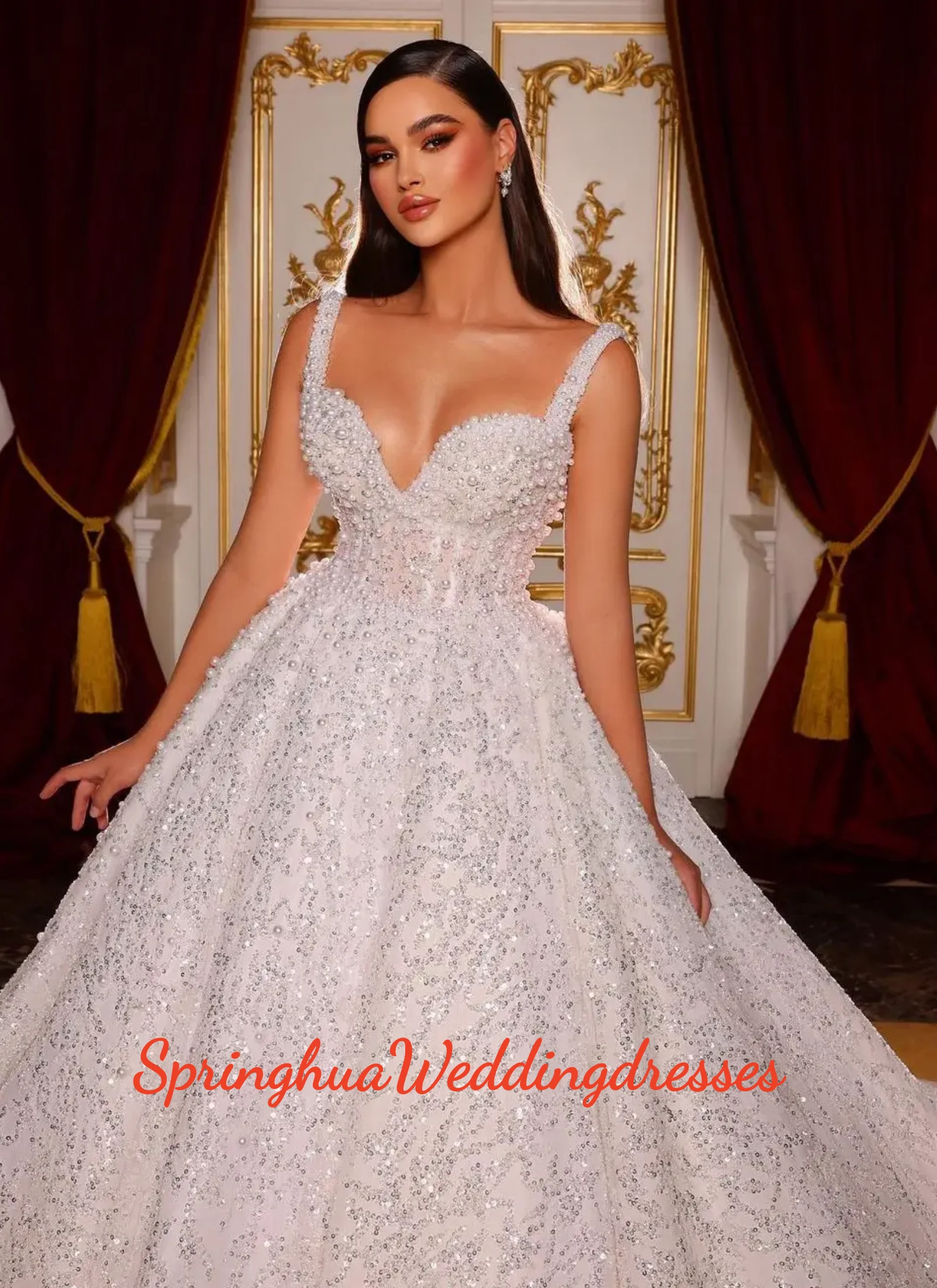 Customized Stylish Wedding Dress Sleeveless V Neck Ball Gown Sequins 3D Lace Appliques Beads Pearls Bridal Gown Vestina De Novia
