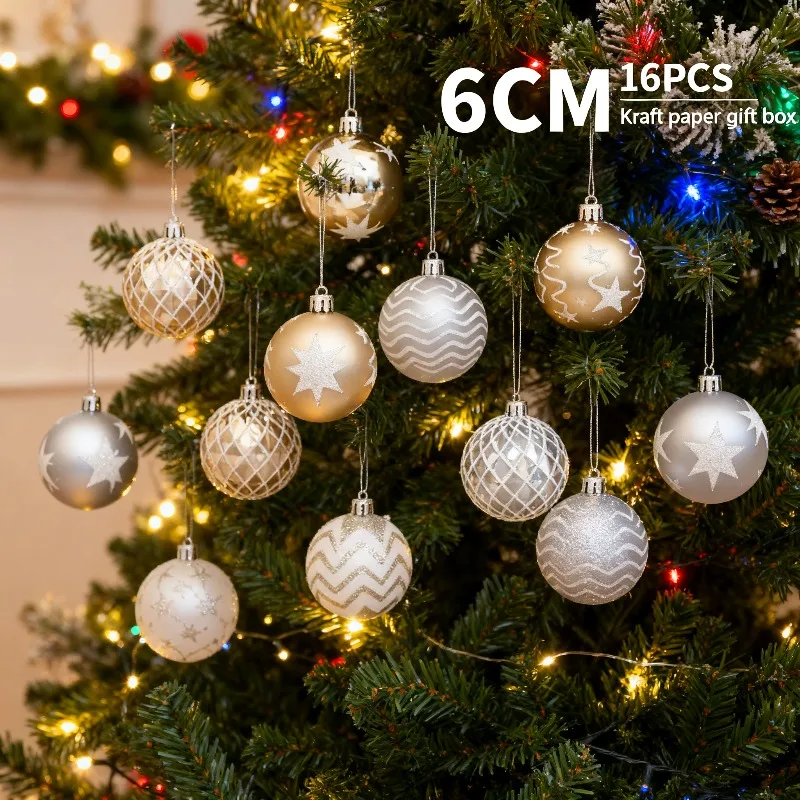 16PCS Christmas Ball Ornaments White Gold Hanging Baubles Xmas Tree Decorations for Home Holiday Party Indoor Decor