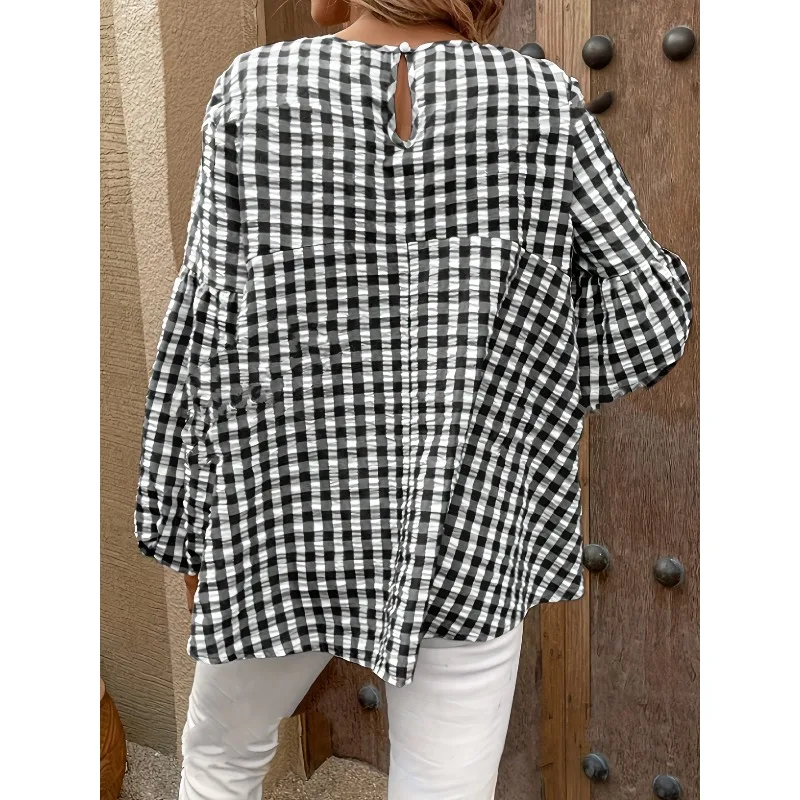 

Spring/Summer 2026 Crew Neck Lantern Sleeve Plaid Shirt