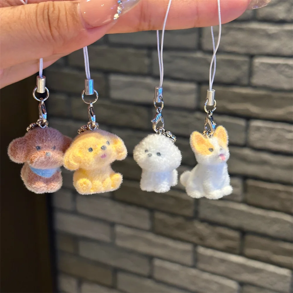 Resin Flocking Mobile Phone Chain Cartoon Cute Little Rabbit Dog Keychain Car Pendant Bag Hanging Decorations Give Friends Gift