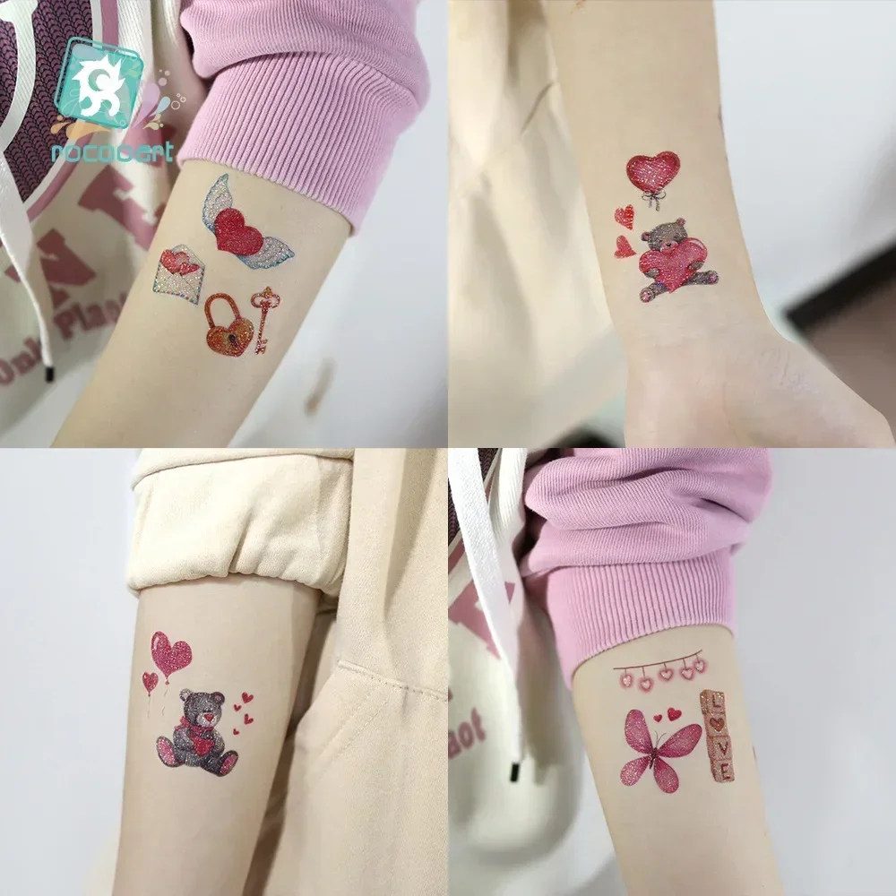 Toppa impermeabile per tatuaggi di san valentino Cartoon Flash Powder tatuaggi temporanei Sticker Heart Sweet Glitter