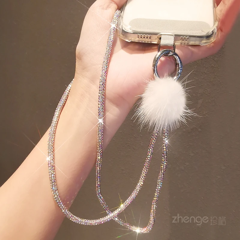 Colorful Fur Ball Full Diamond Mobile Phone Strap Bracelet with Long Neck and Back Strap Clip Style Phone Strap Charm  Lanyard