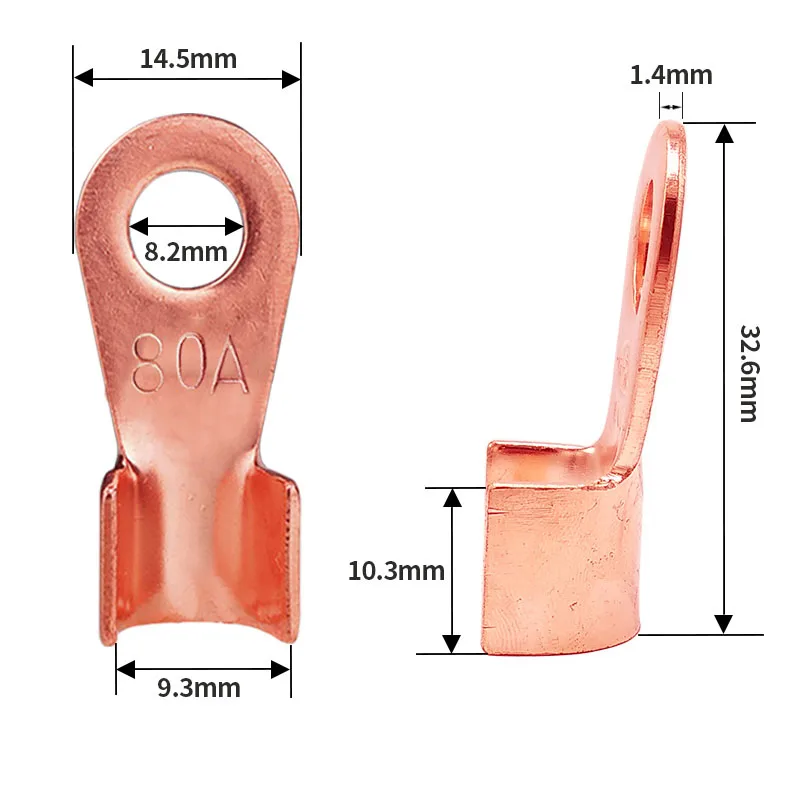 30PCS OT-80A 80A 8.2mm Dia Circular Splice Copper Open Lugs Naked Crimp Terminal Connector Made Of Durable Brass Material