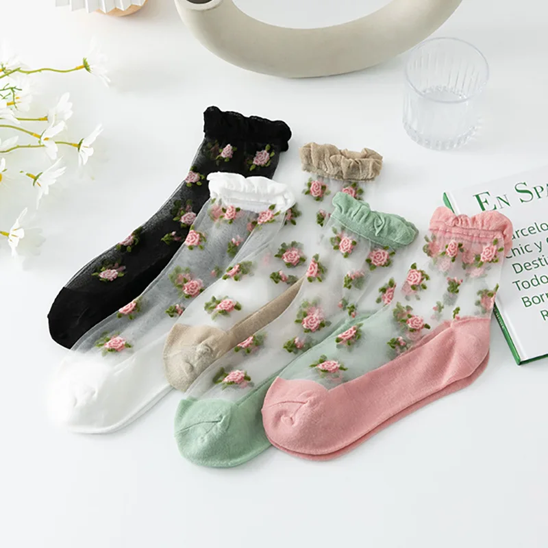 Summer Socks Women Rose Floral Embroidery Crystal Silk Socks Ultra-thin Transparent Lolita Sweet Girls Kawaii Cute Ruffle Socks