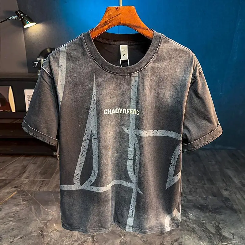 

2025 New Washed Vintage Dressing Gradient T-shirt Men's Short Sleeve Summer High end Trendy Casual Top