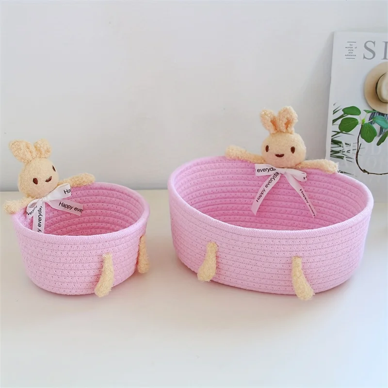 2pcs Hand-Woven Frame Storage Box, Sundries Storage Basket Entrance Cosmetics Storage Frame Cute Rabbit Desktop Small Basket