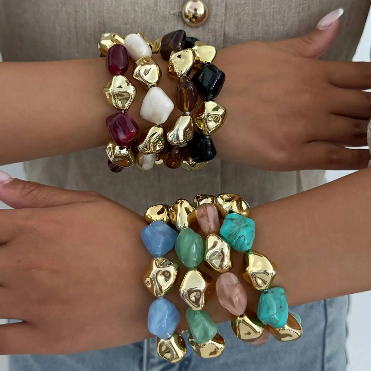 Salircon 8 Farben Boho Acryl Unregelmäßige Perlenkette Armbänder für Frauen Vintage Geometrische Handgemachte Armreif Paar Schmuck Pulsera