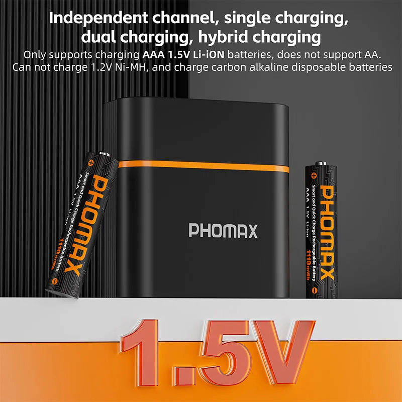 PHOMAX 1.5V AAA 1110mWh 충전식 리튬 배터리 4슬롯 지능형 독립 충전 박스 고용량 USB-C 충전기 세트
