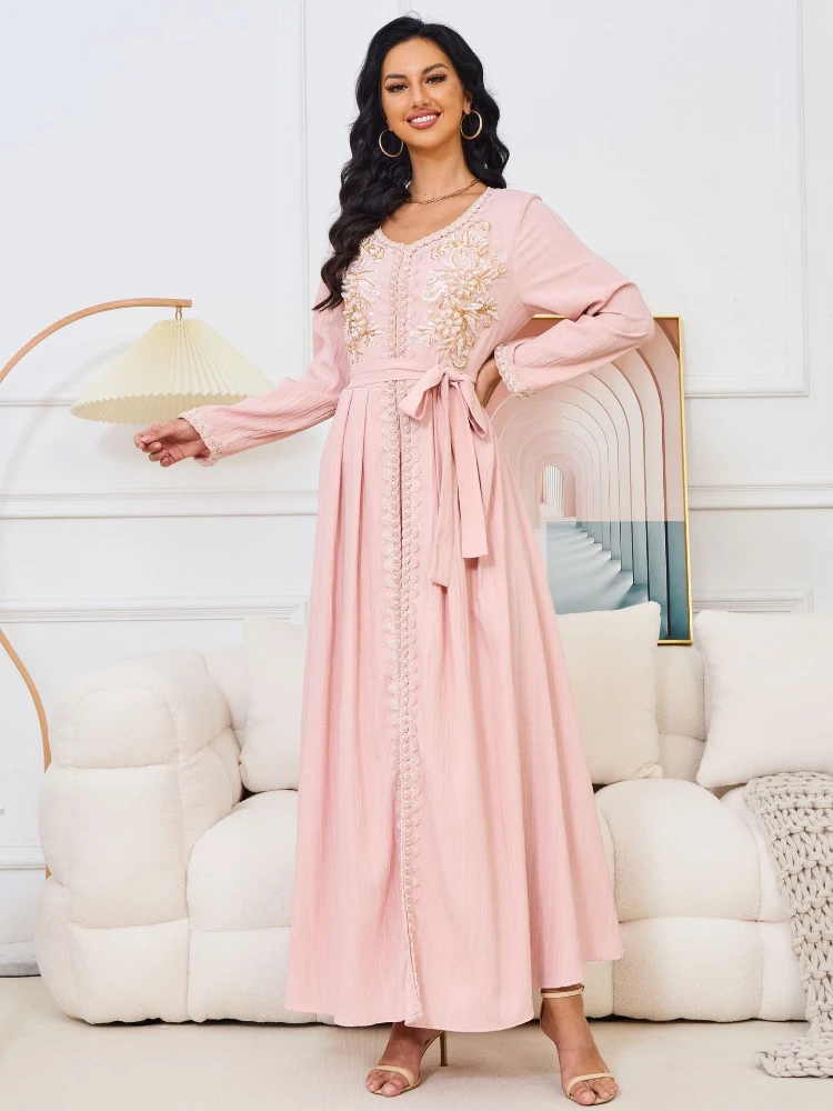 

Eid Dubai Muslim Party Dress for Women Abaya Beading Jalabiya Lace-up Long Dresses Morocco Kaftan Vestidos Ramadan Gown Robe