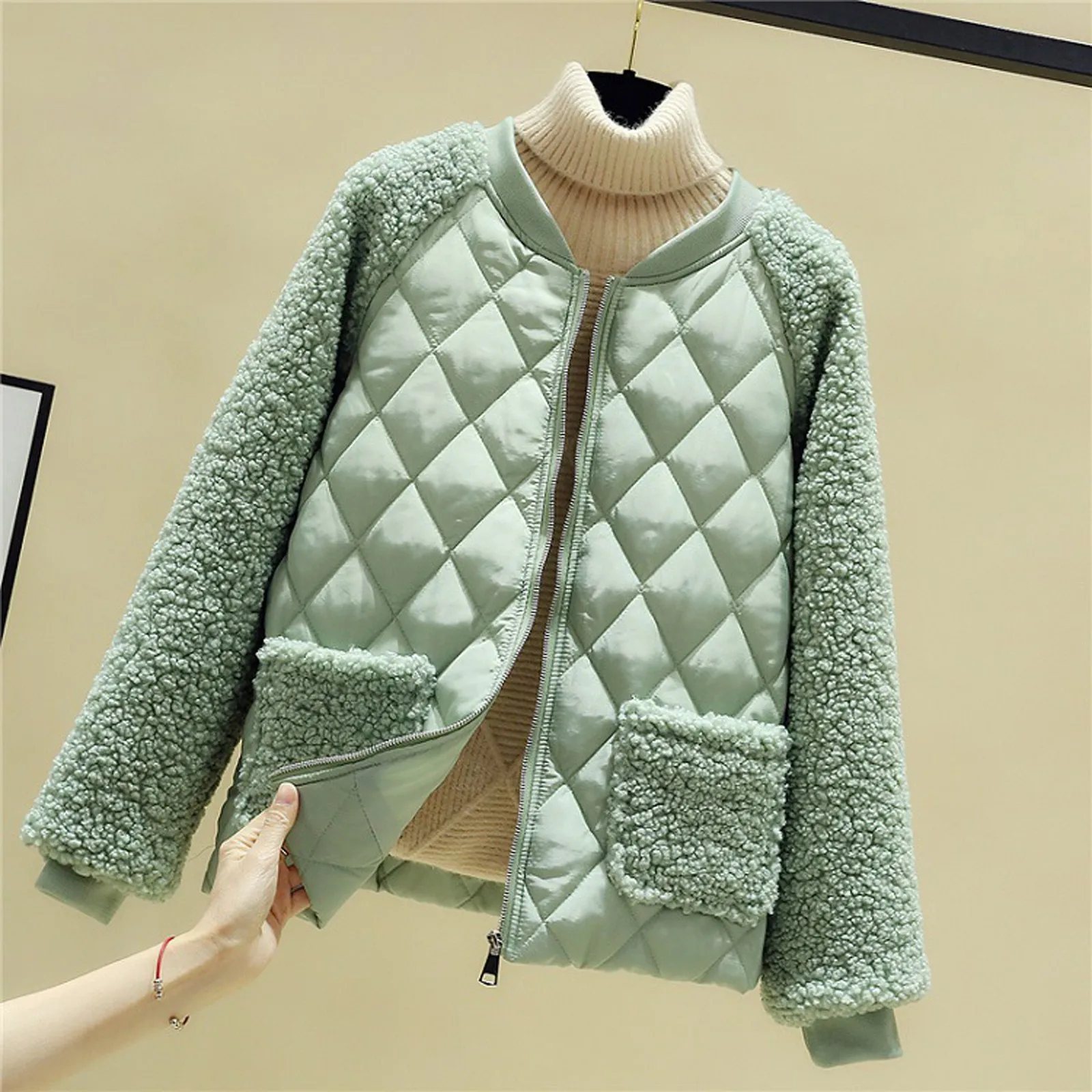 

Grid Thickened Baseball Uniform Women'S Solid Color Long Sleeved Cotton Jacket Winter Outdoor Warm Jacket Ladies' Cotton Coat