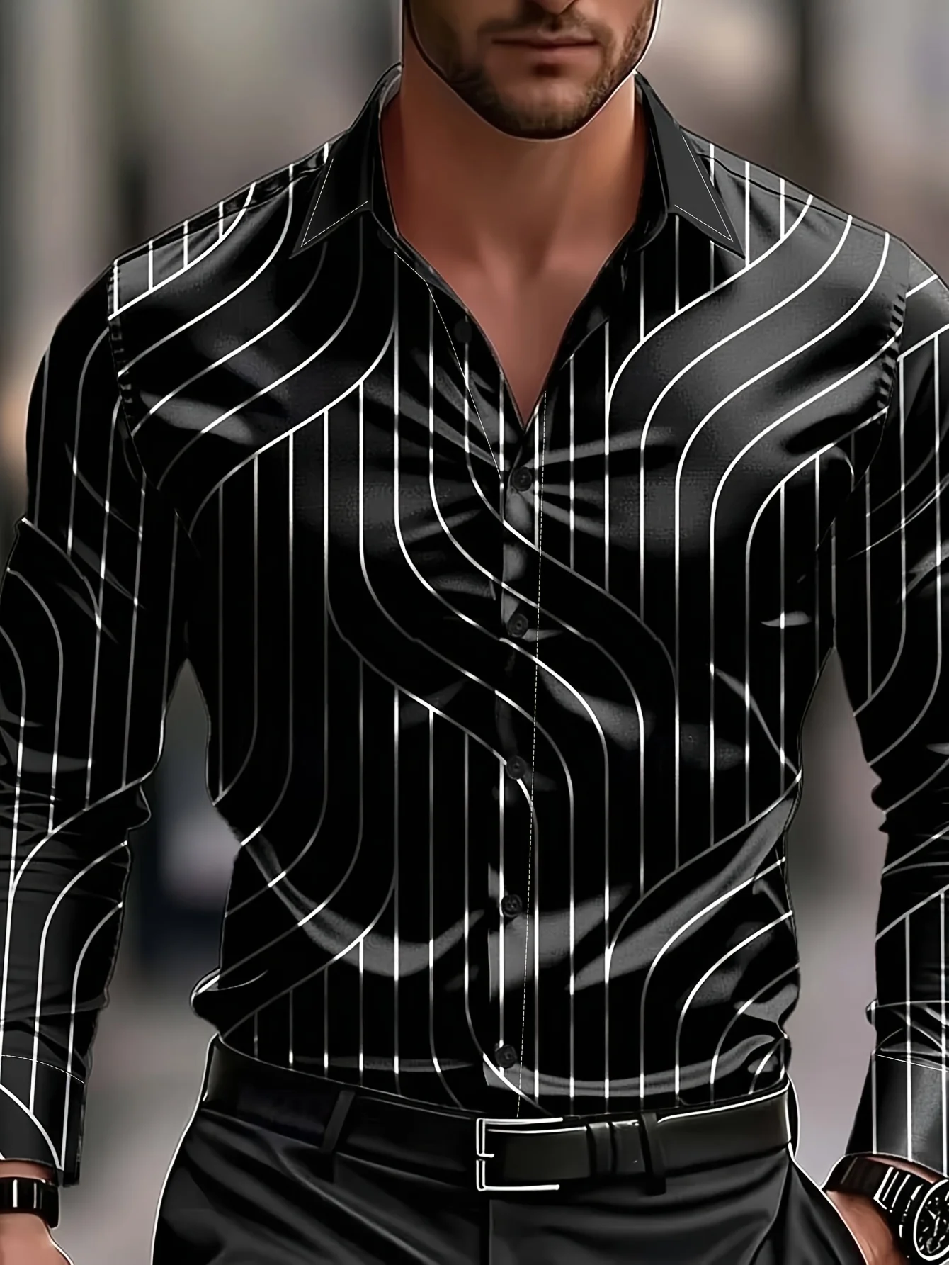 Men's Shirt Long Sleeve Curved Stripe Print Turn‑Down Collar Button Front Loose Casual Autumn Holiday Top Men Clothes