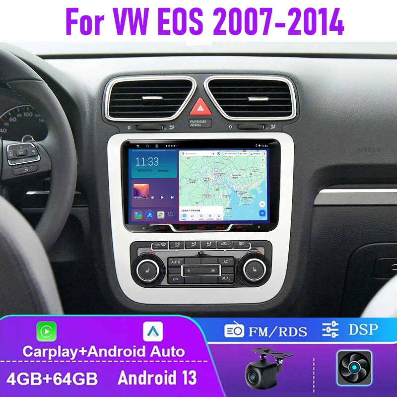 Radio para Auto de 9 Pulgadas, 4-64 GB, para VW EOS 2007-2014, Carplay Inalámbrico, Android Auto, Unidad Principal Estéreo, Canbus, Plug & Play