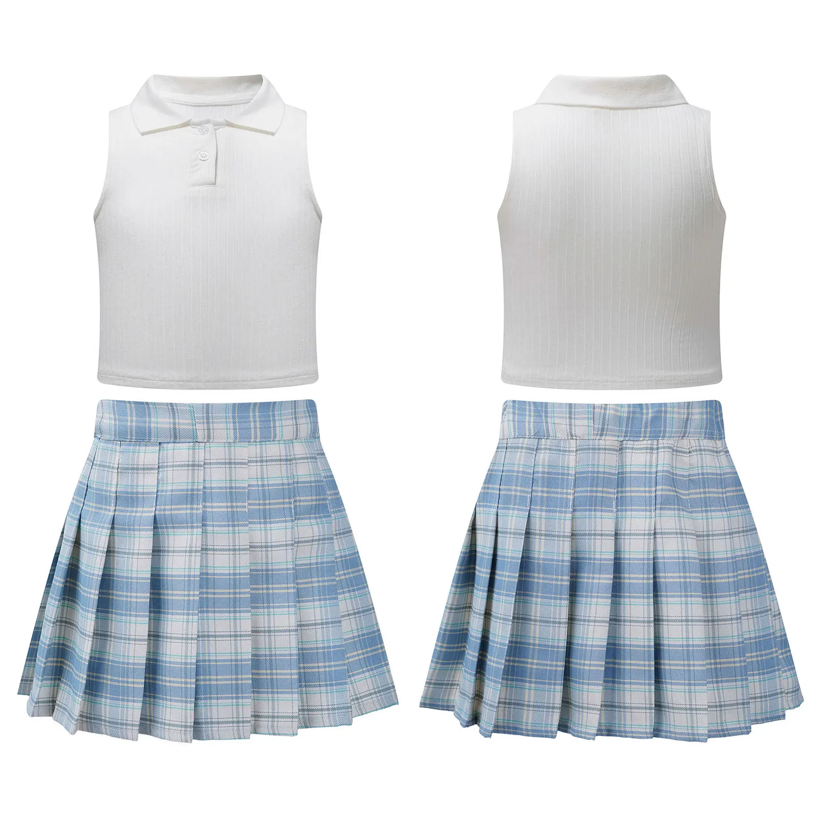 

Kids Girls Golf Tennis Sports Suit Turn-Down Collar Sleeveless T-shirt Tank Top Vest+Plaid Pleated Skirt 2Pcs Badminton Clothes