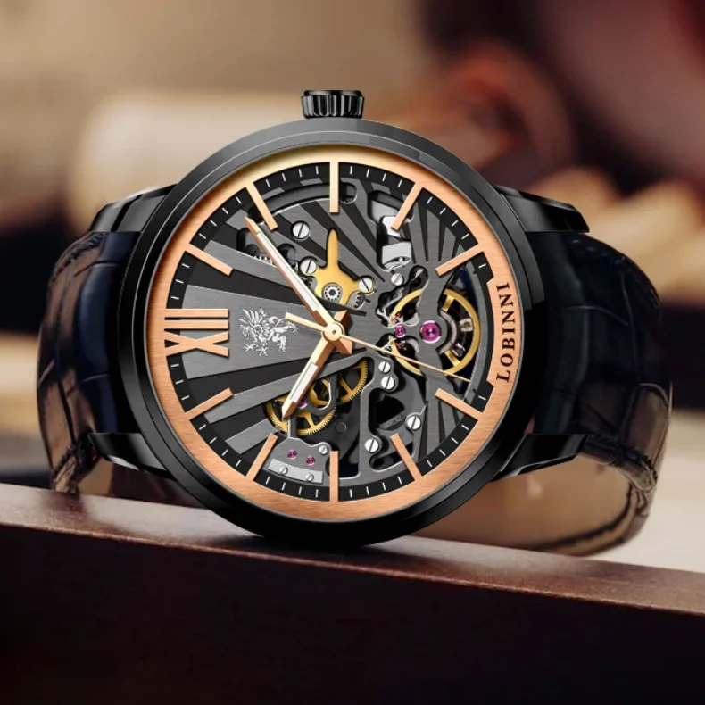 LOBINNI Herren-Automatikuhr, 42 mm, mechanische Armbanduhr, 50 m wasserdicht, Skelett-Zifferblatt, Saphirspiegel