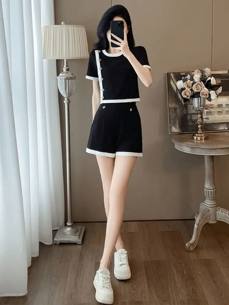 Conjuntos curtos casuais de cor contrastante para mulheres, 2 peças, kit de alfaiataria, roupa clássica, promoção, novo em shorts femininos combinando