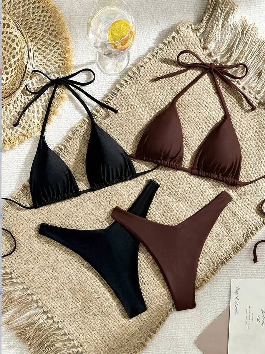 

Women Summer Beach Solid Color Halter Triangle Bikini Set