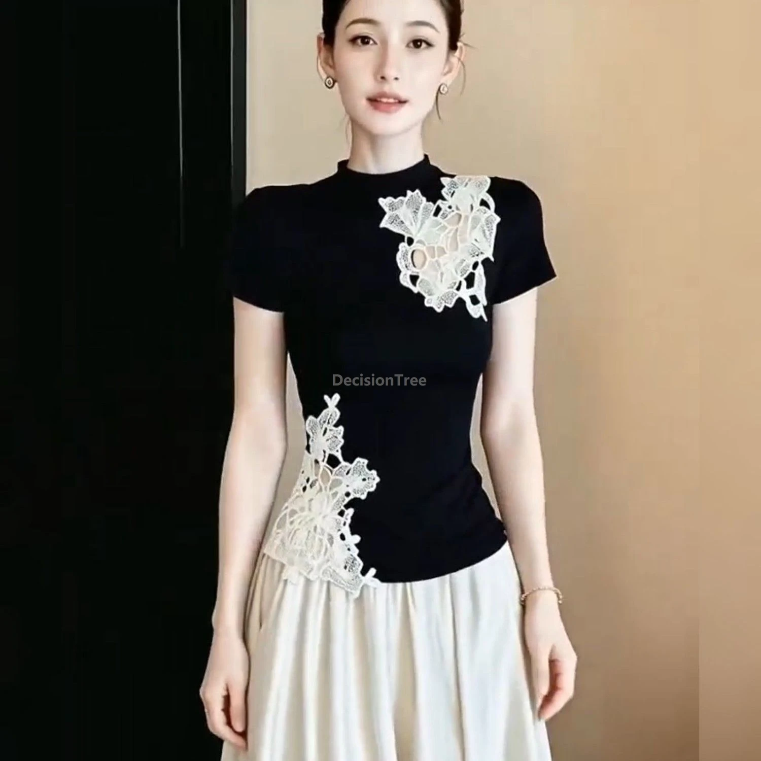 New Chinese-style Pure Cotton Lace Patchwork Short Sleeve T-shirt Top Women Summer Slim Fit Shirt Office Lady Daily Elegant Top