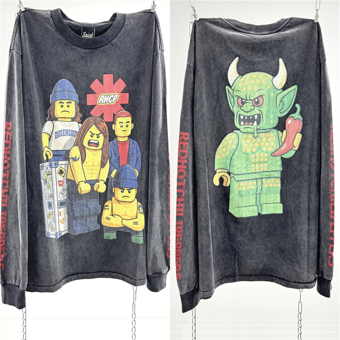 

Washed Cartoon Printing With Building Blocks Saint RHCP Long Sleeves T-shirt Men Women Best Quality Tops Tee T Shirt
