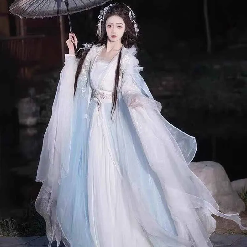 

Chinese Hanfu Dress Women Carnival Fairy Cosplay Costume Tang Dynasty Embroidery Blue White Hanfu Dress Christmas Party Outfit