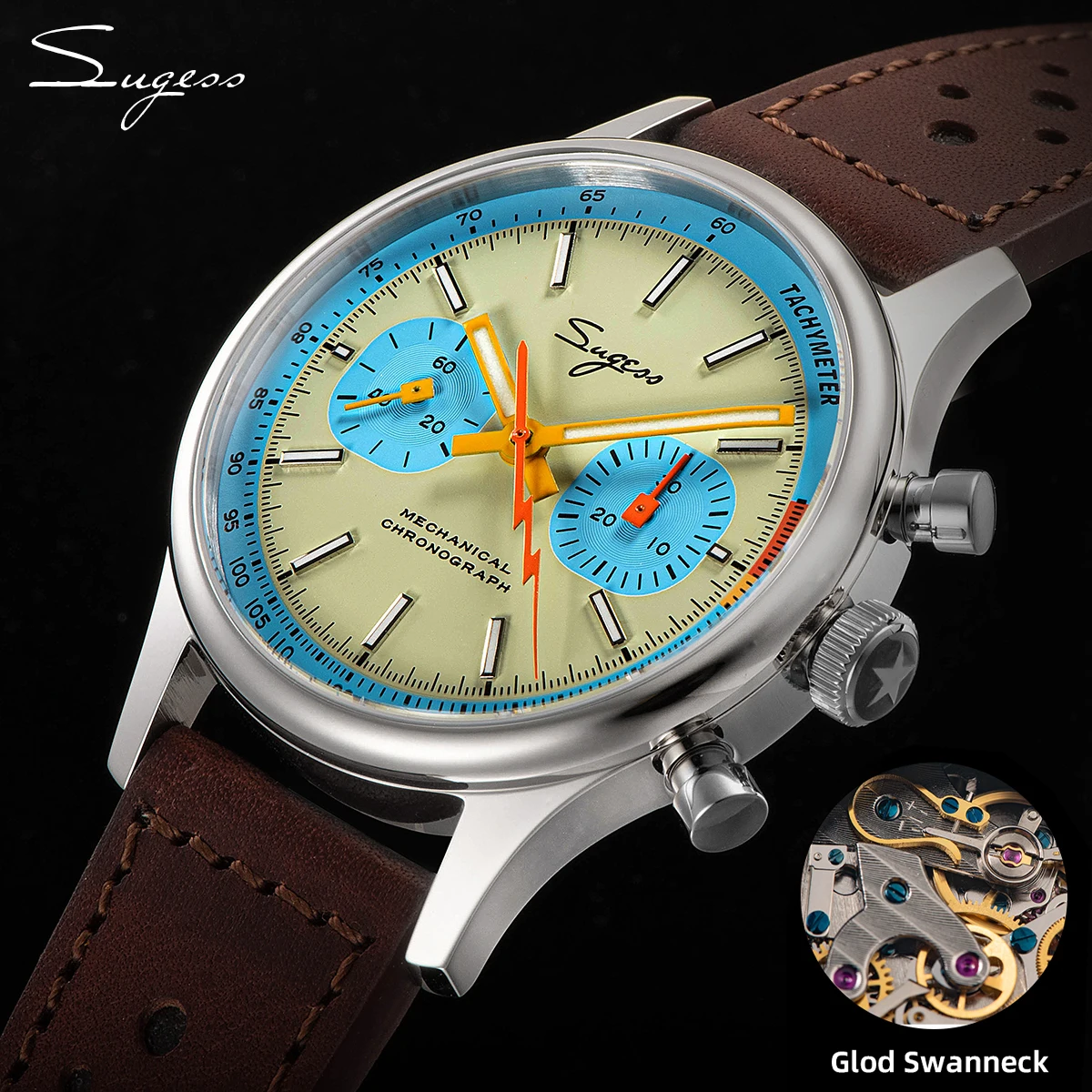 Sugess 1963 Pilot Watch Mens Chronograph Mechanical Wristwatches Original ST1901 Swanneck Movement Sapphire Crystal Racing 2022