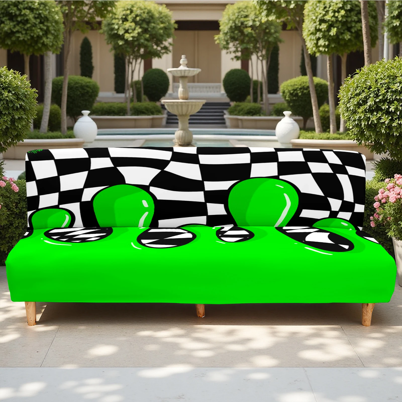 Eye - catching Checkered & Green Cartoon Print Summer Outdoor Sofa Bed Cover, Elastic Stretch, Pet - Frien