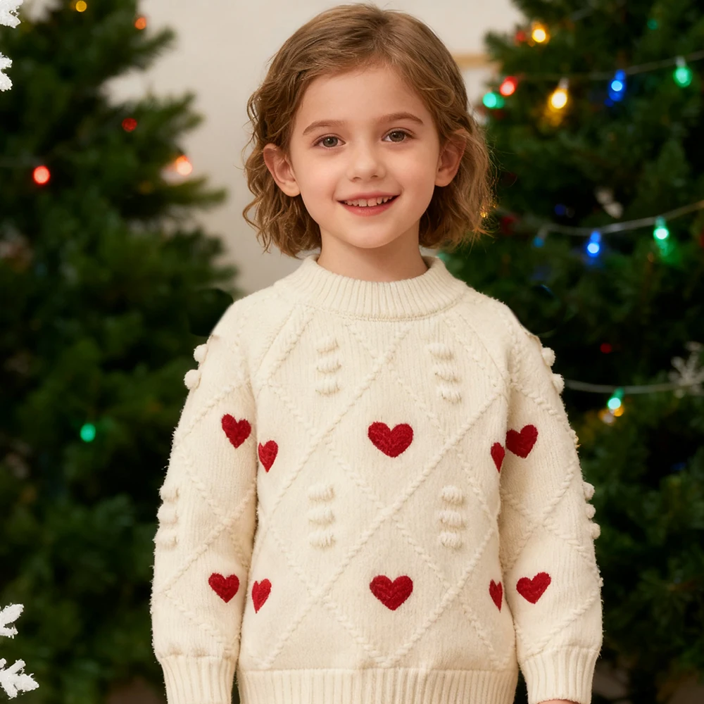 Christmas Girls' Sweater Boys Girl Winter Clothing red hearts Thick Knitted Base Shirt newyears Clothes Children's Base Shirt