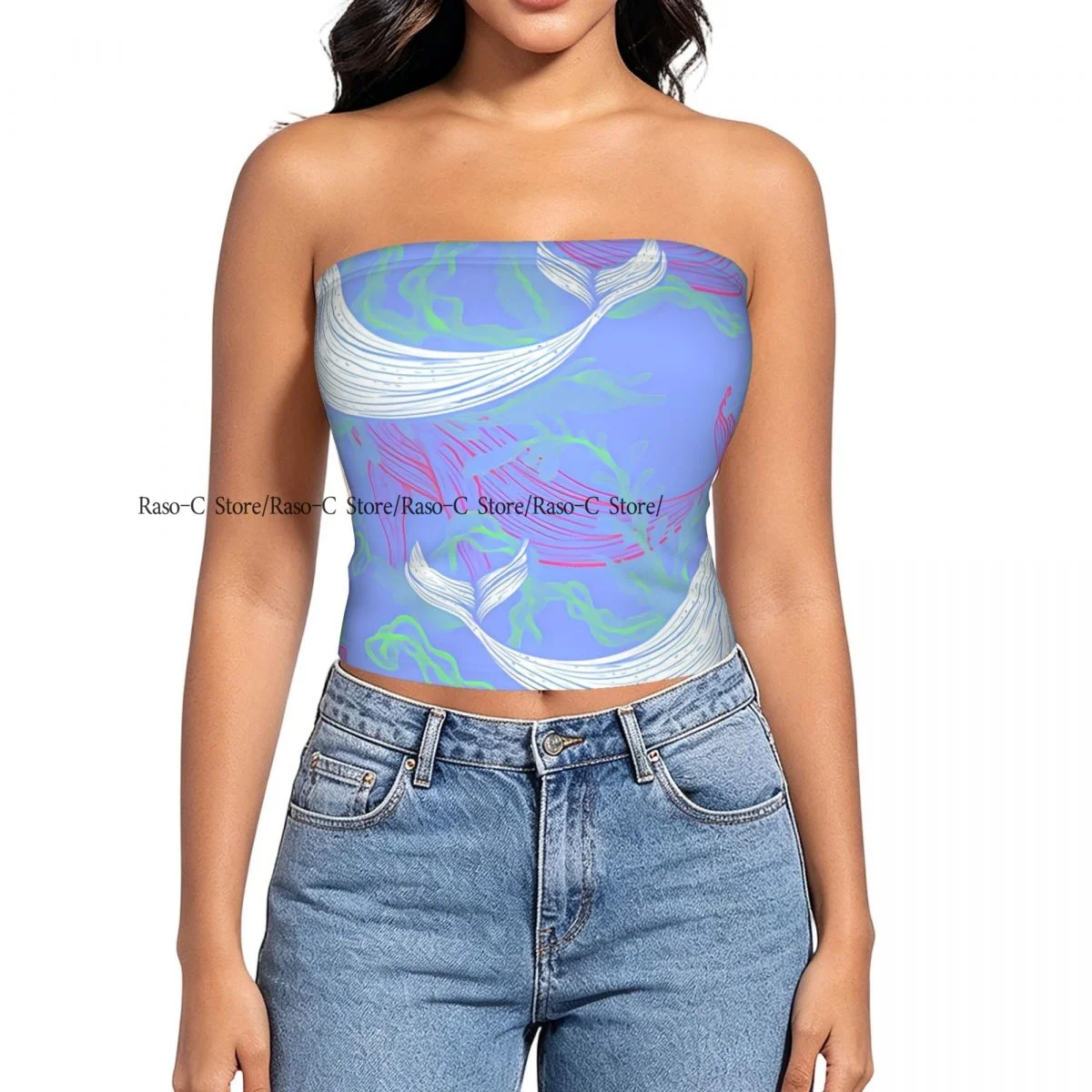 Women Shirt Summer Strapless Backless Tops Whale Sea Plants And Seaweeds Marine Sleeveless Vest