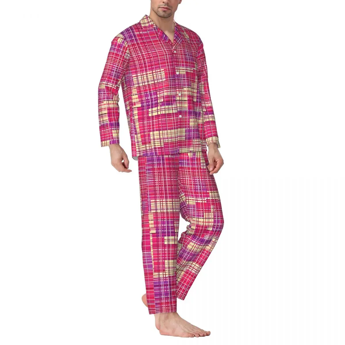 Contrast Color Pajamas Set Pink And purple Kawaii Sleepwear Man Long Sleeve Vintage Home 2 Pieces Nightwear Large Size